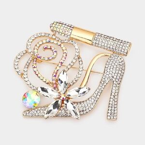 Gold Lipstick High Heel Flower Pin Rhinestone Crystal Brooch Accessory